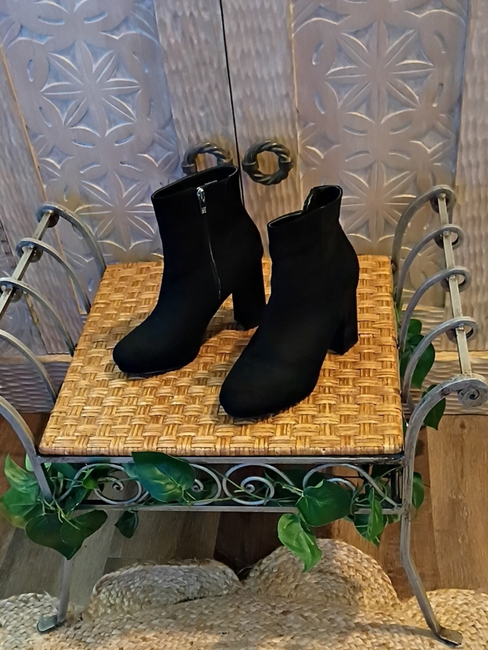 New York & Company Black Suede Ankle Booties with Block Heel